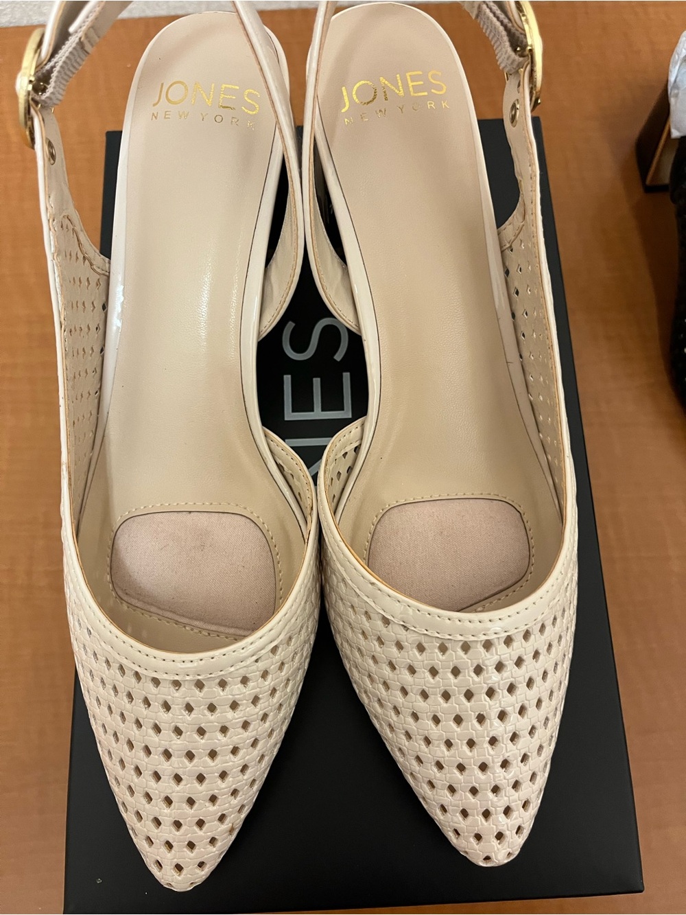 Jones New York Cream Patent Woven Pointed-Toe Slingbacks